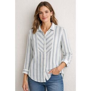 Anthropologie Lilka Gray Stripe Button Front Shirt XS Slate White Cotton